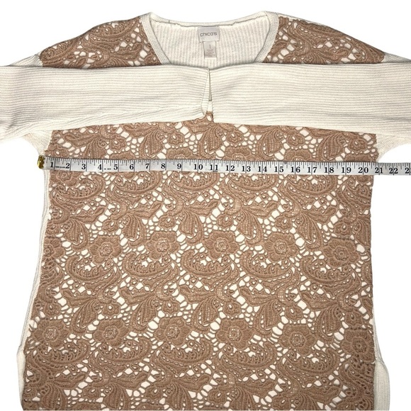 Chico’s Sweater Christina Lace Front Pullover Ecru Ivory Tan 8 Medium M - Picture 8 of 12
